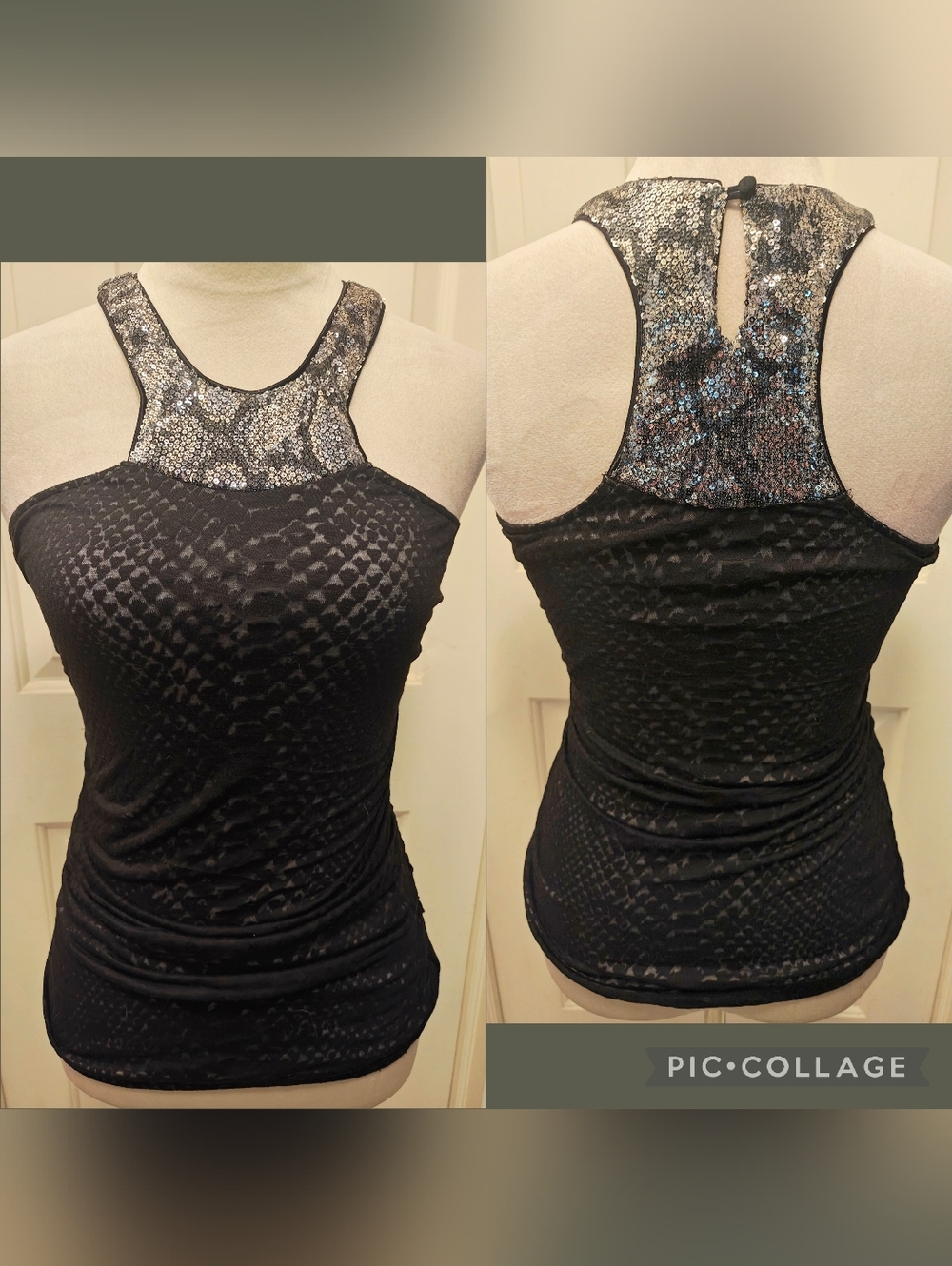 Y2K Express Snake Print Sequins & Ruched Burnout Tank Top.